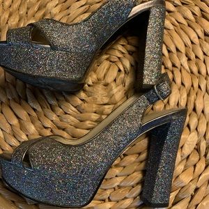 Nine West sparkly heels, open toe, size 5.5 US, 4” heel, back strap